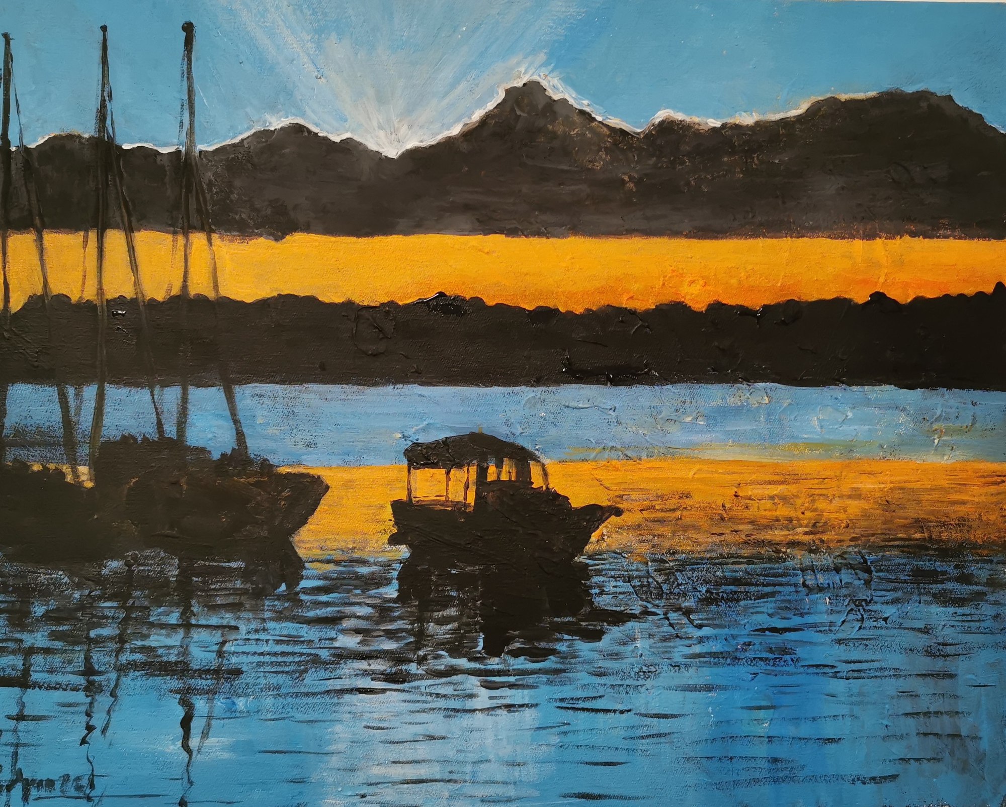 Painting of an orange sunset behind dark trees and a small boat reflected in still water.