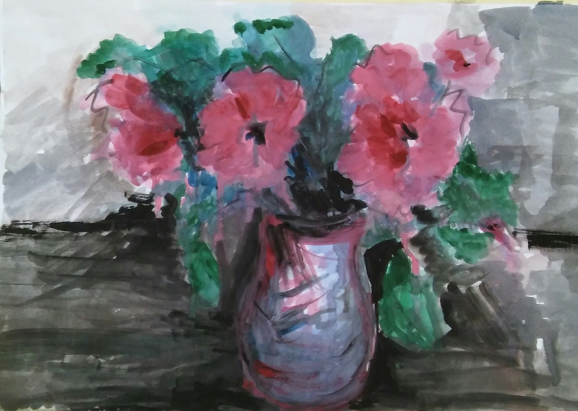 Painting of pink and crimson flowers gathered in a dark vase on a grey surface.