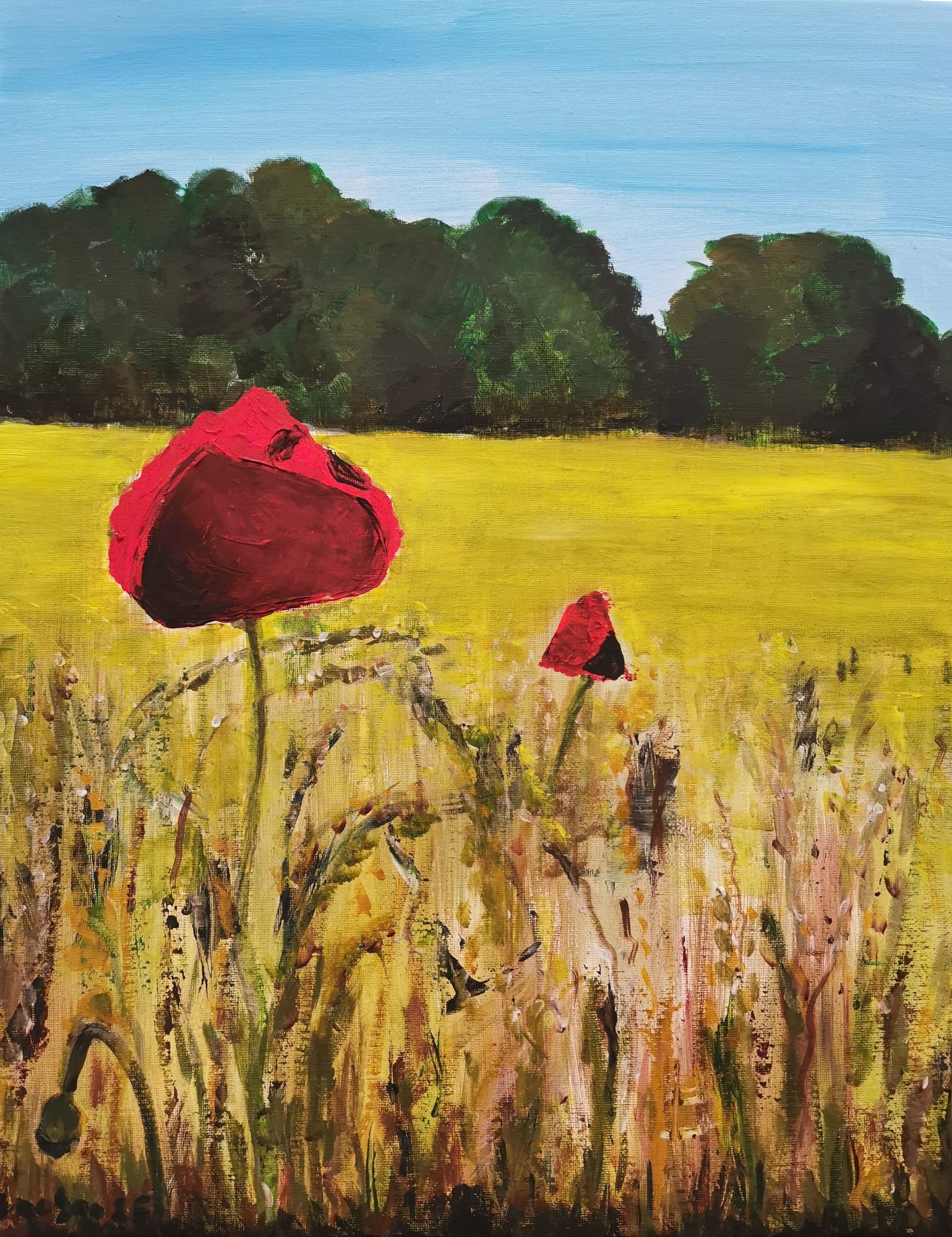 Painting of two red poppies standing in a golden field before dark trees.