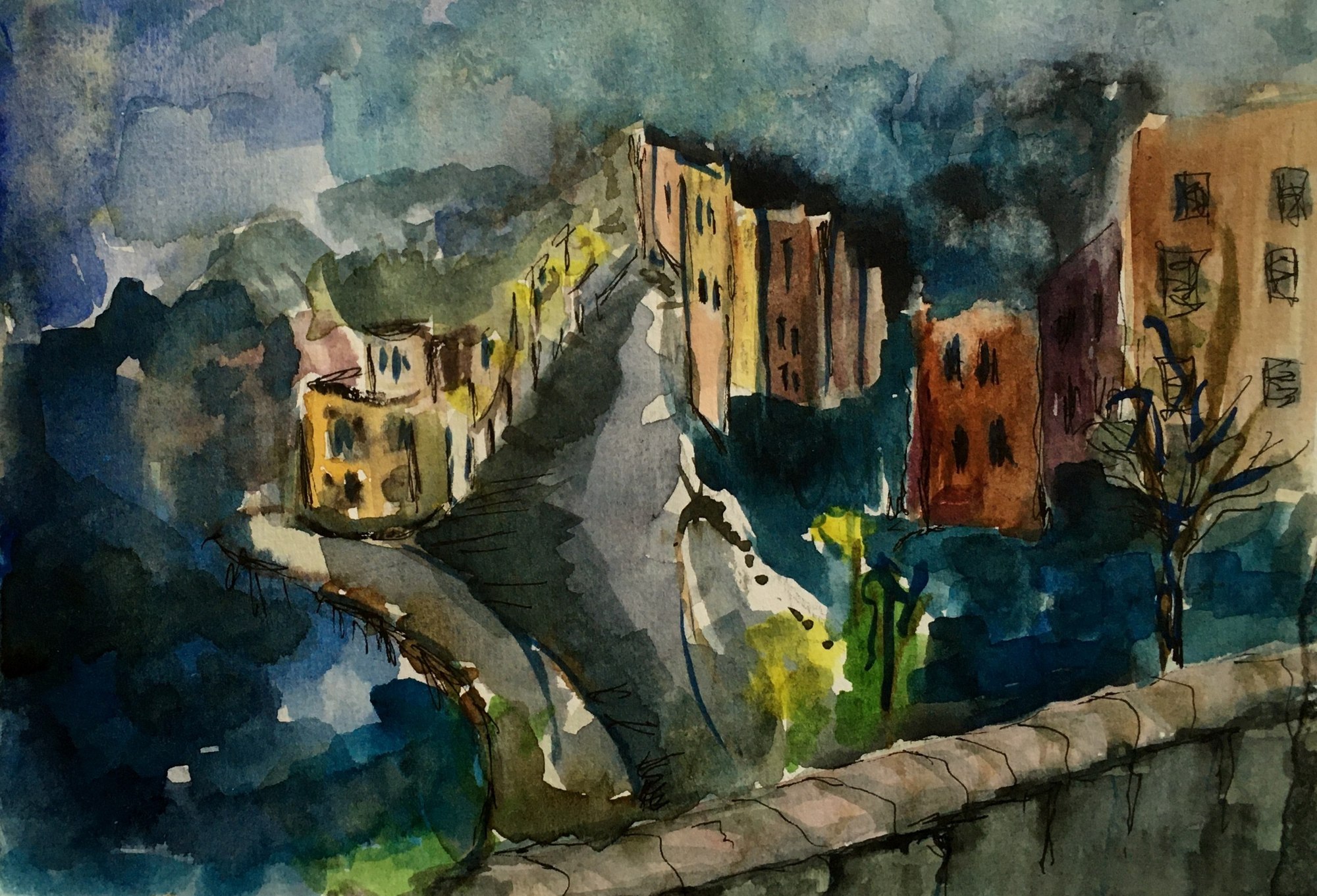 Painting of clustered colourful buildings on a rocky rise above dark blue water.