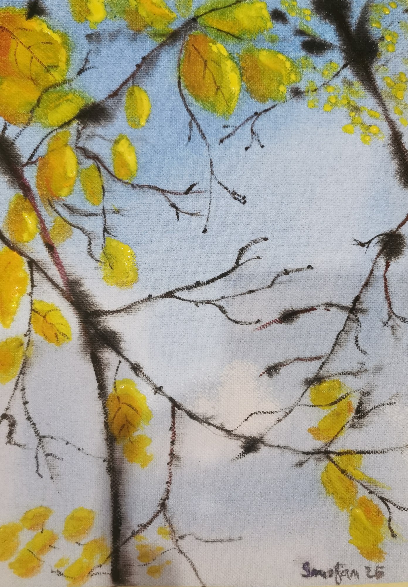 Painting of yellow autumn leaves on slender dark branches against a pale blue background.