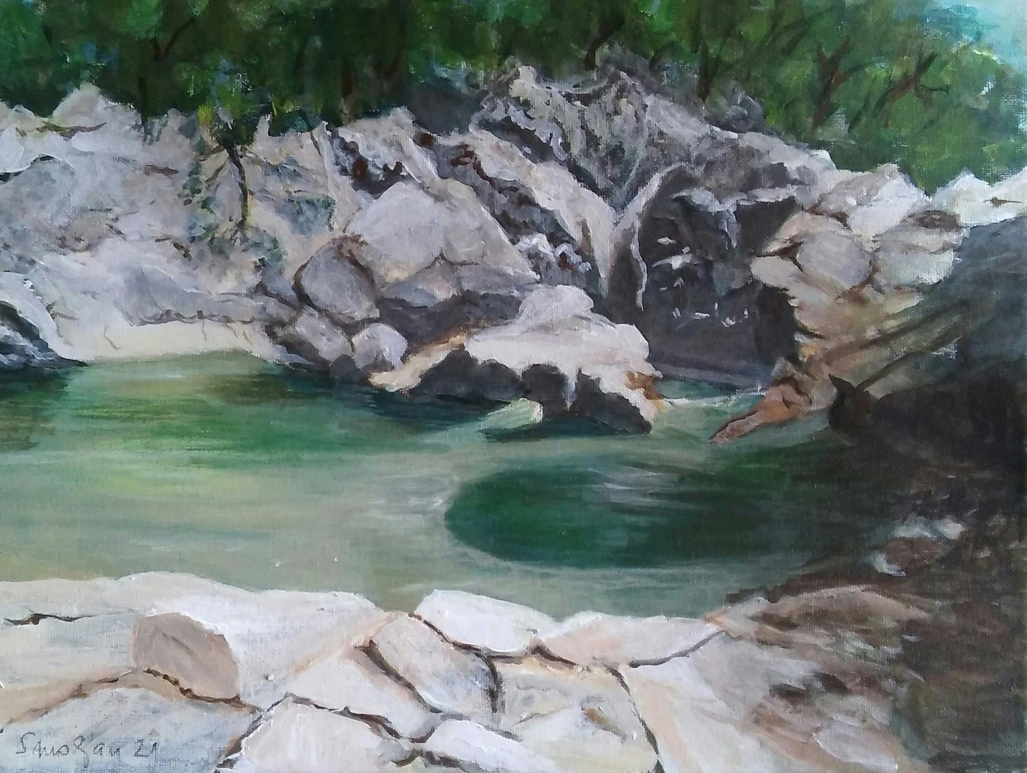 Painting of a green river pool enclosed by pale rocks and wooded banks.