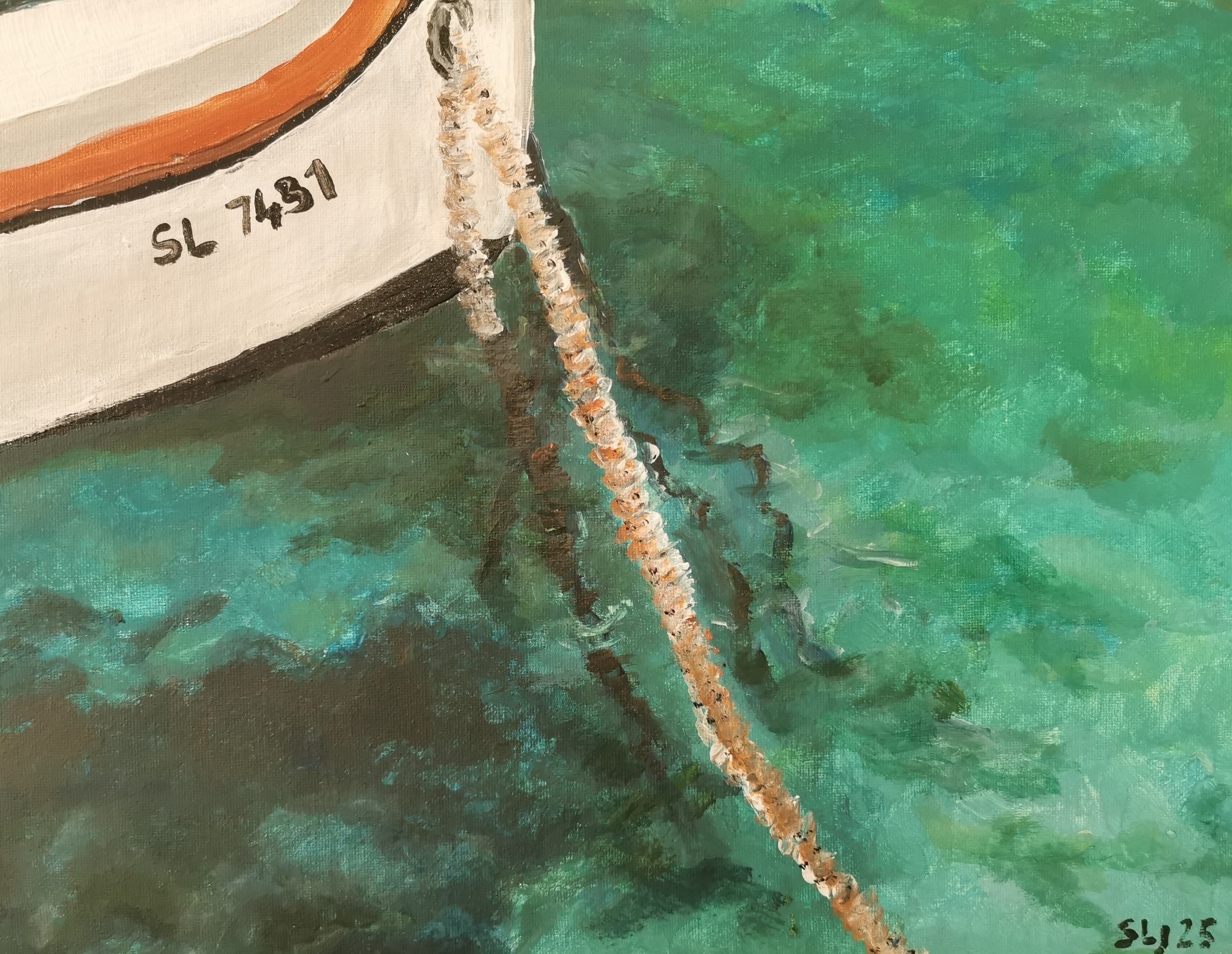 Painting of a boat's pale hull and hanging rope above clear turquoise water.