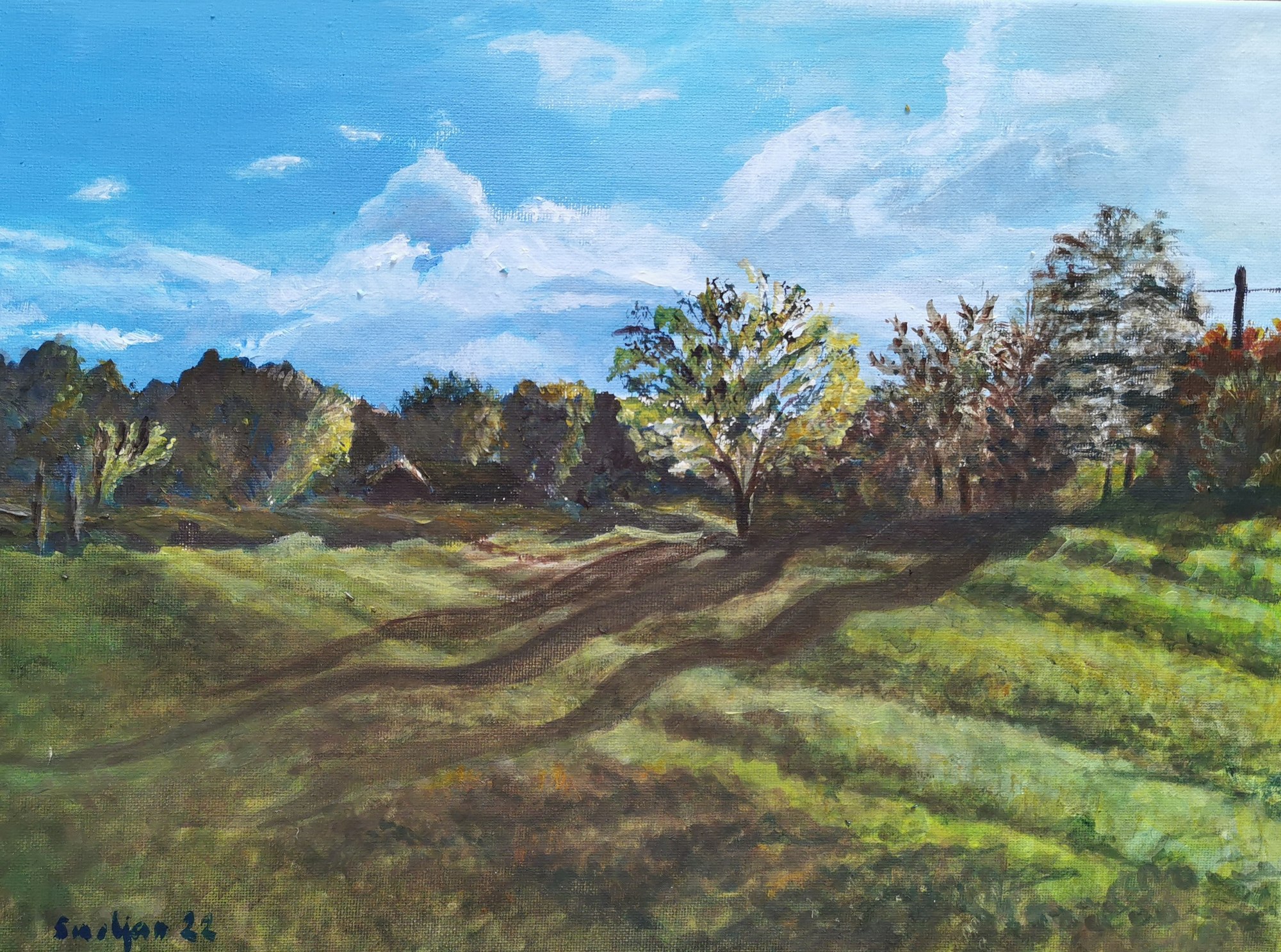 Painting of a sunlit meadow with long shadows, trees, and distant houses.