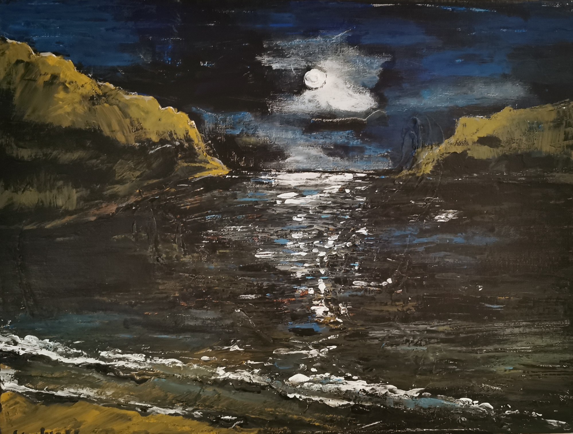 Painting of moonlight reflected across dark water between rocky shores.