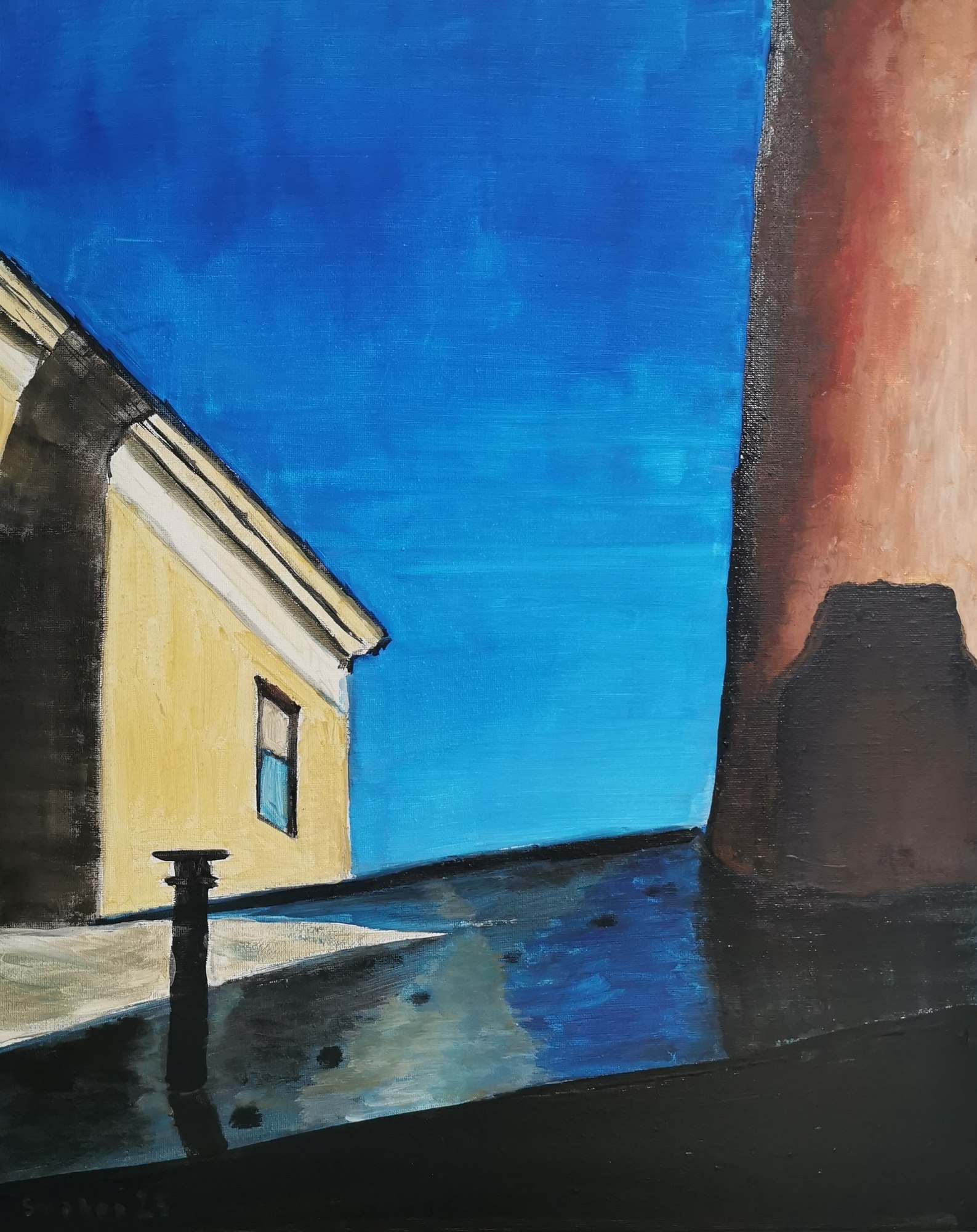 Painting of sharply angled pale buildings and dark walls beneath an intense blue sky.