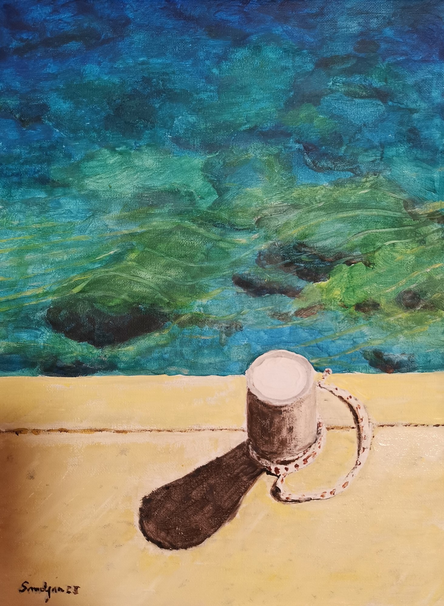 Painting of a pale mooring bollard with looping rope on a sunlit pier above blue-green water.