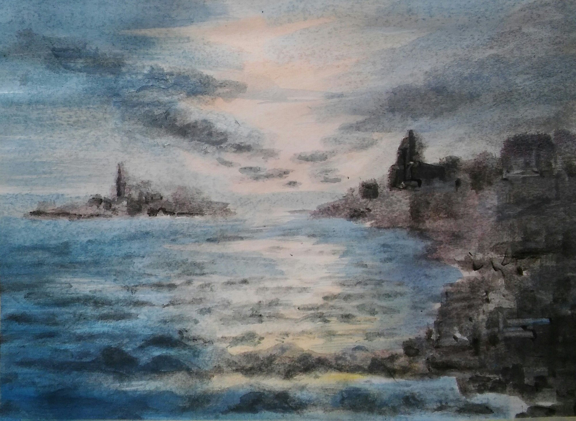 Painting of blue-grey water, a dark coastal settlement, and a clouded sky.
