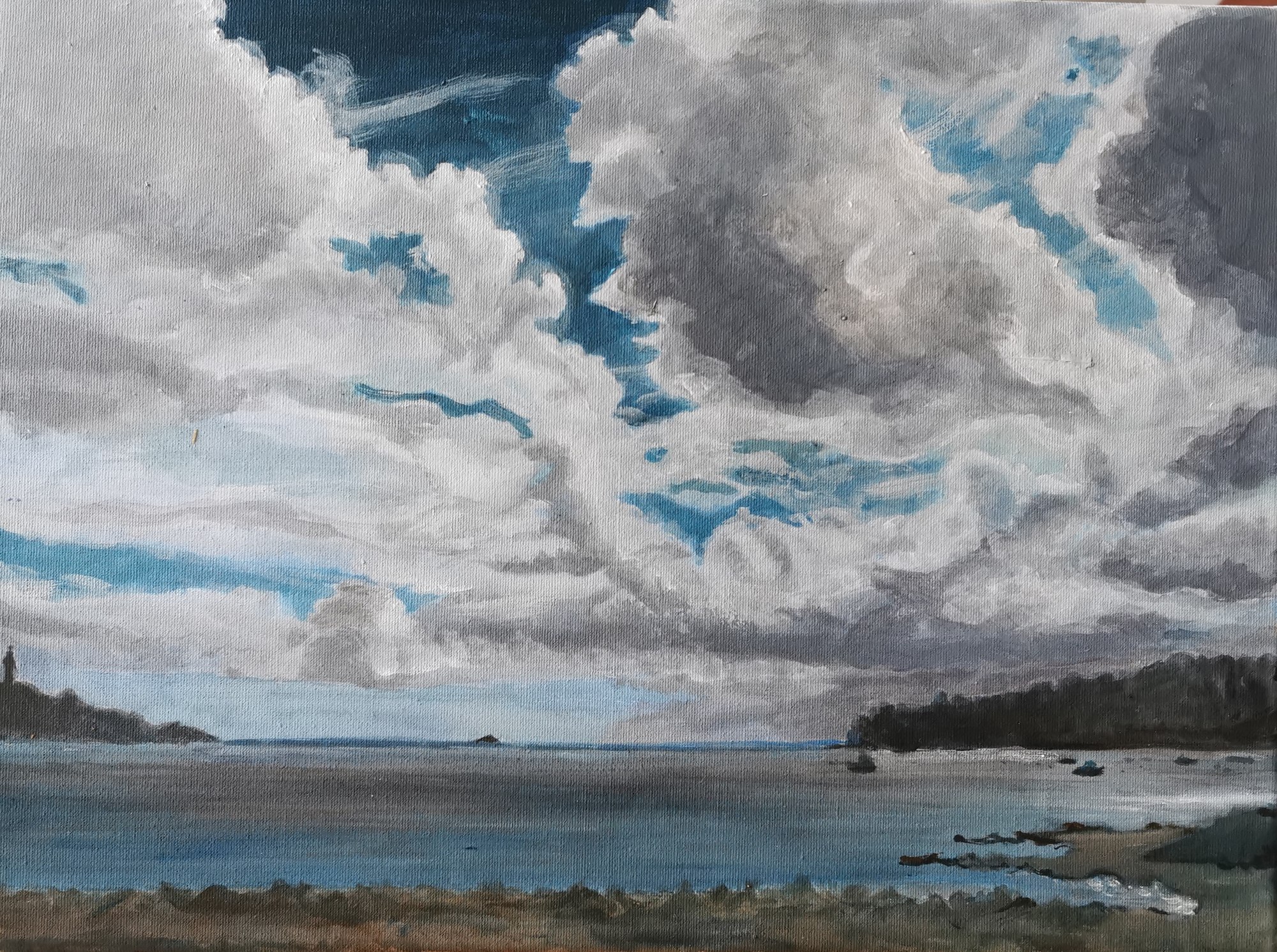 Painting of towering grey and white clouds above calm coastal water and a distant shore.