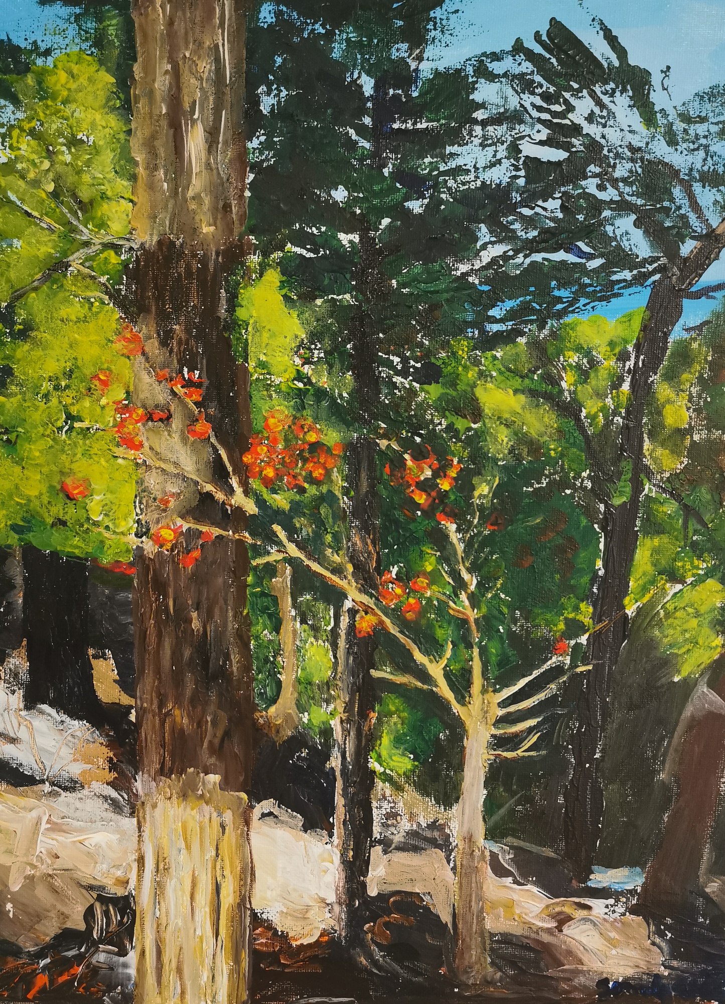 Painting of strawberry tree trunks, green leaves, and clusters of vivid red fruit.