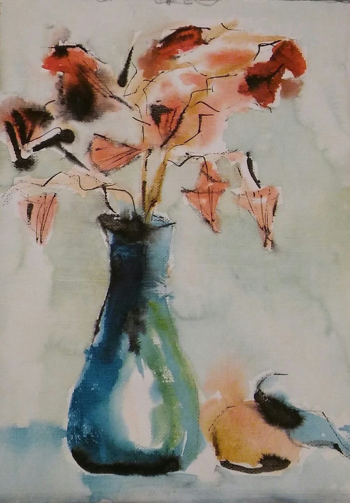 Painting of loose red-orange flowers in a tall blue vase with a small fruit beside it.