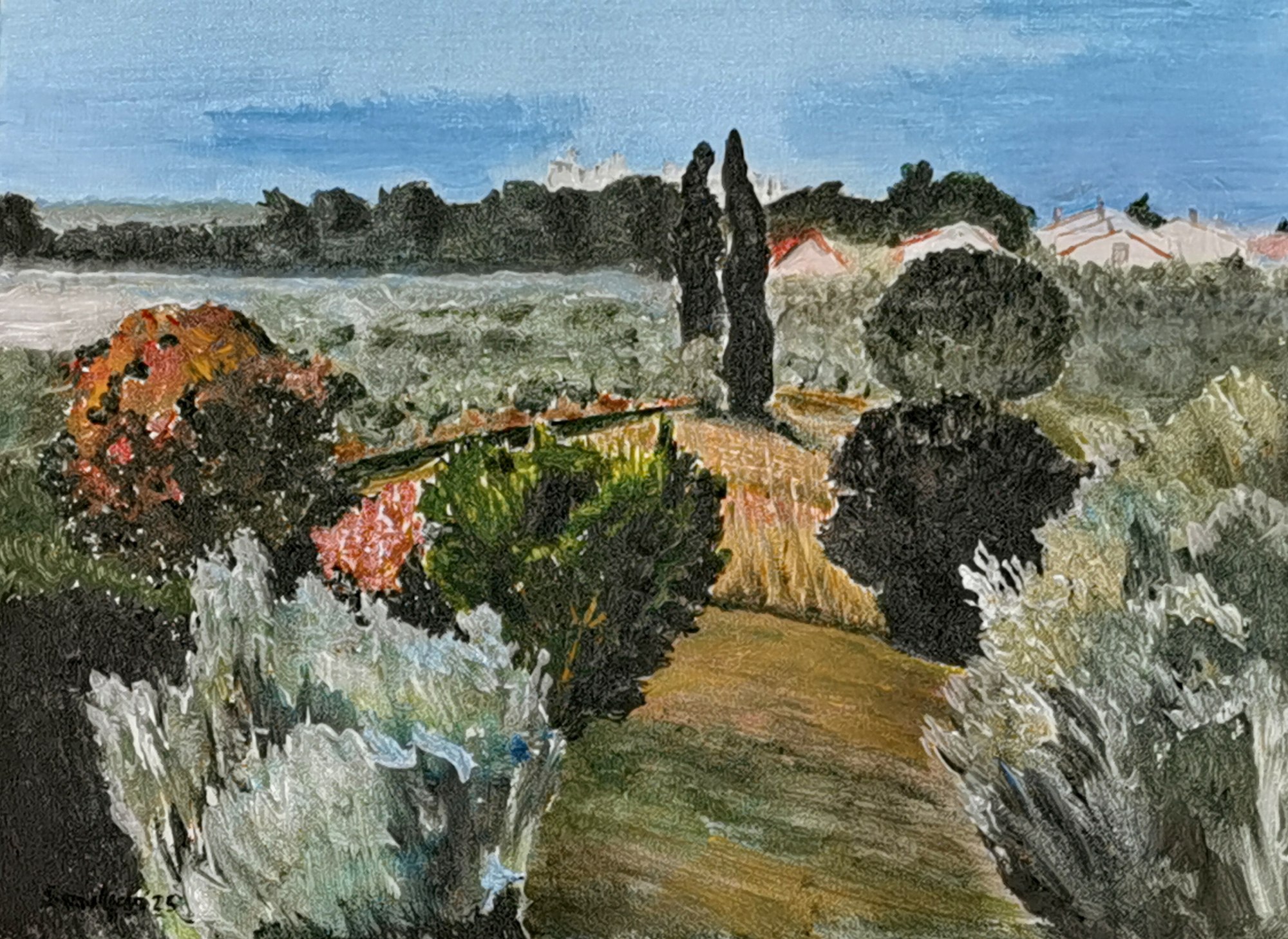 Painting looking across a garden of shrubs and cypresses toward pale fields.