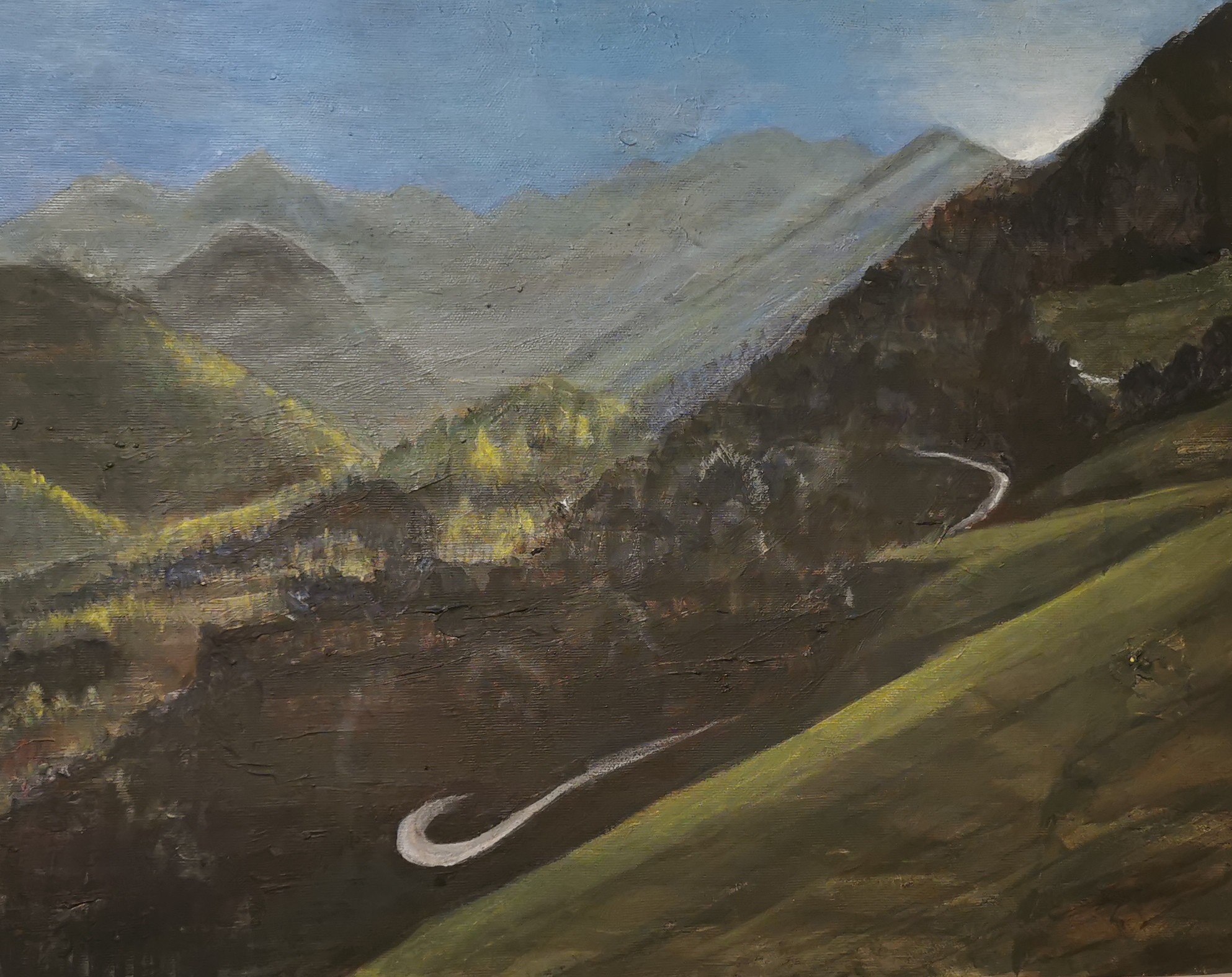 Painting of a winding pale road crossing a dark mountain valley.