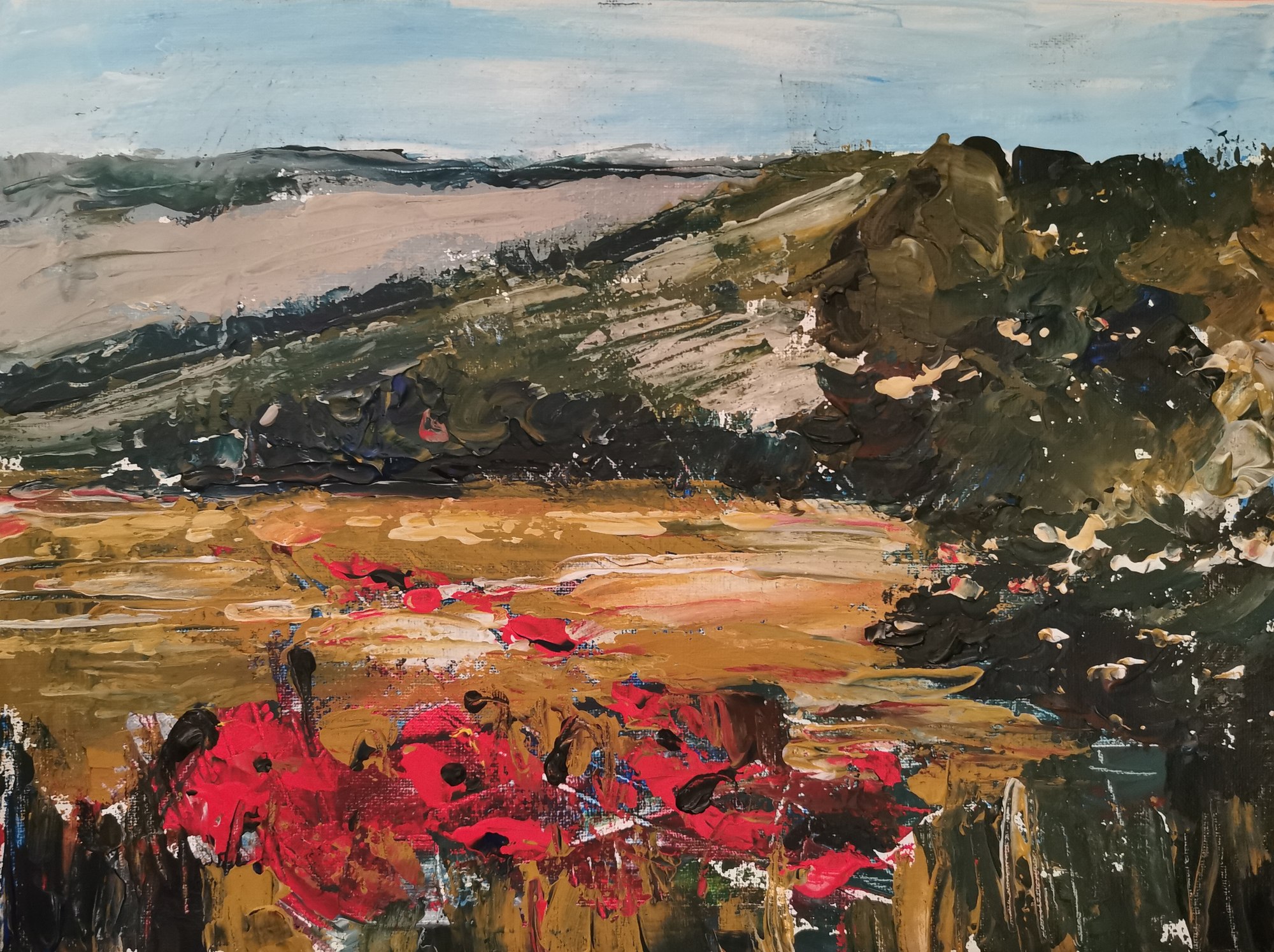 Painting of red poppies scattered across rugged fields with hills in the distance.