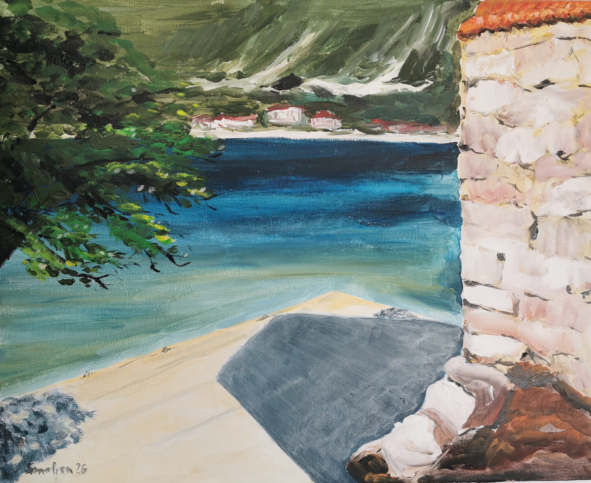 Painting of a turquoise cove and pale shore viewed from the shade of a stone structure.