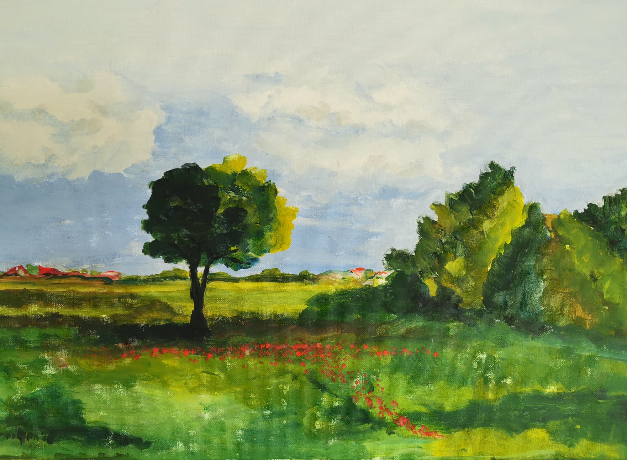 Painting of a green field with two dark trees beneath a broad clouded sky.