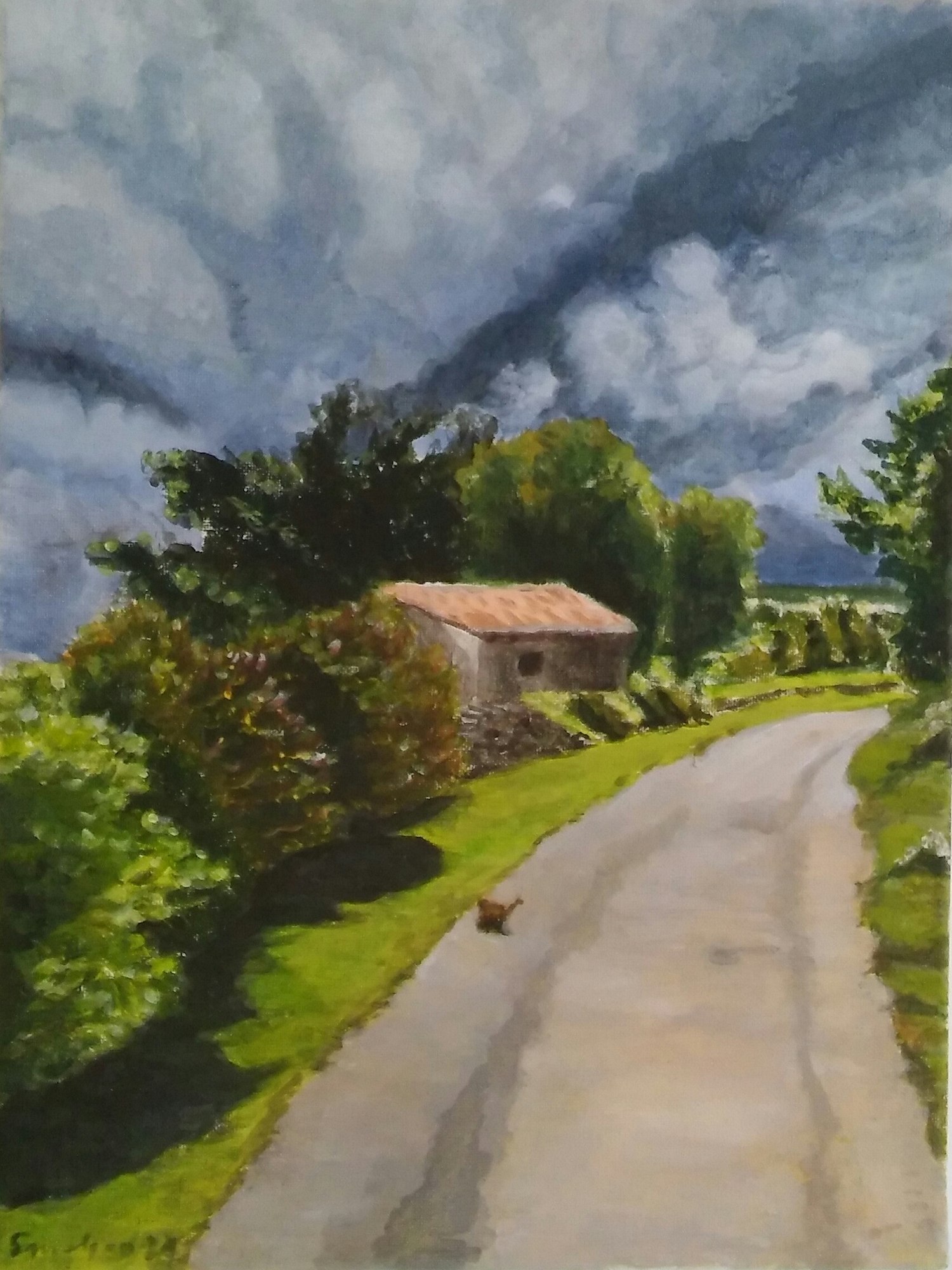 Painting of a pale road curving through green countryside beneath stormy clouds.