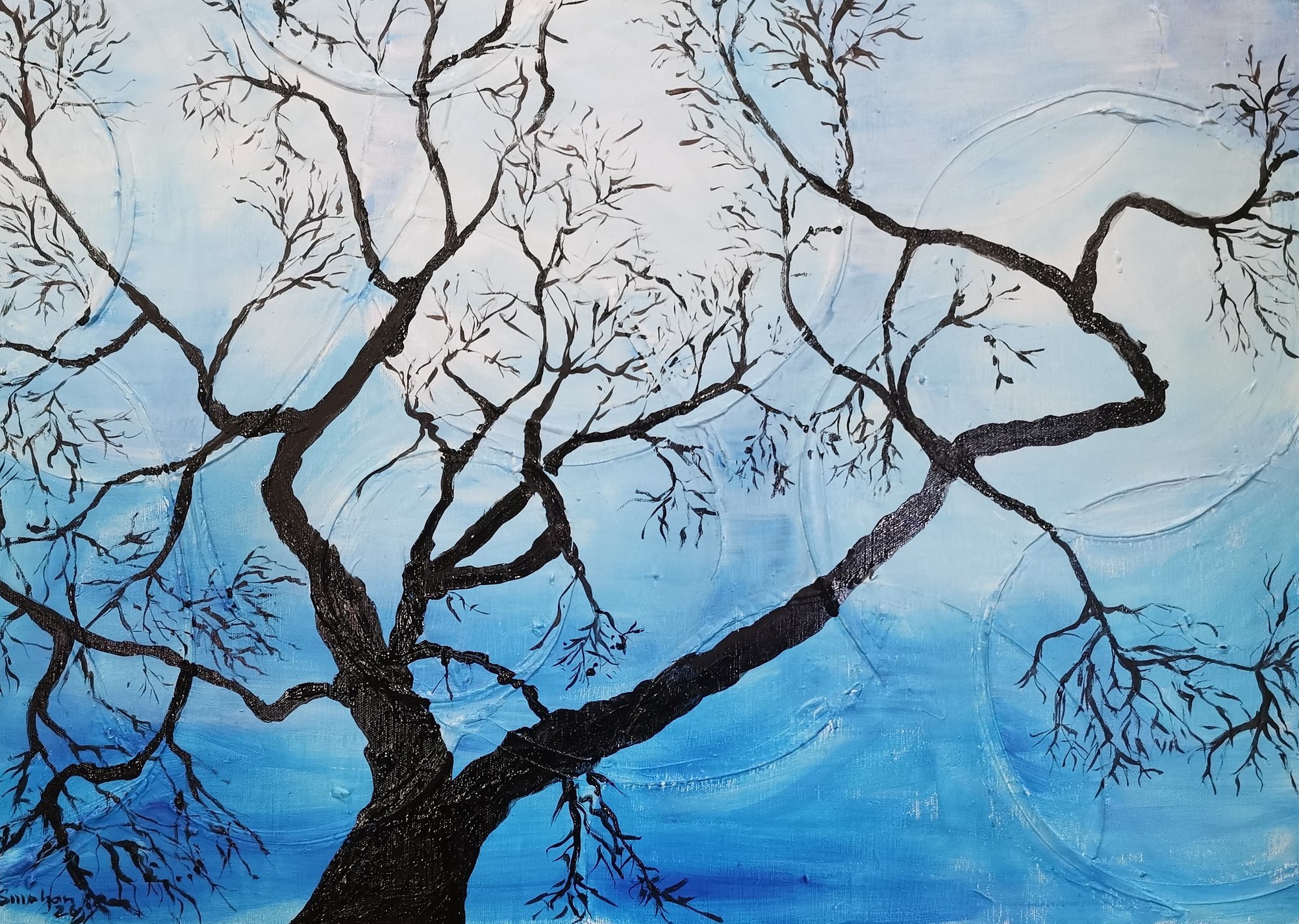 Painting of dark, leafless branches spreading across a luminous blue sky.