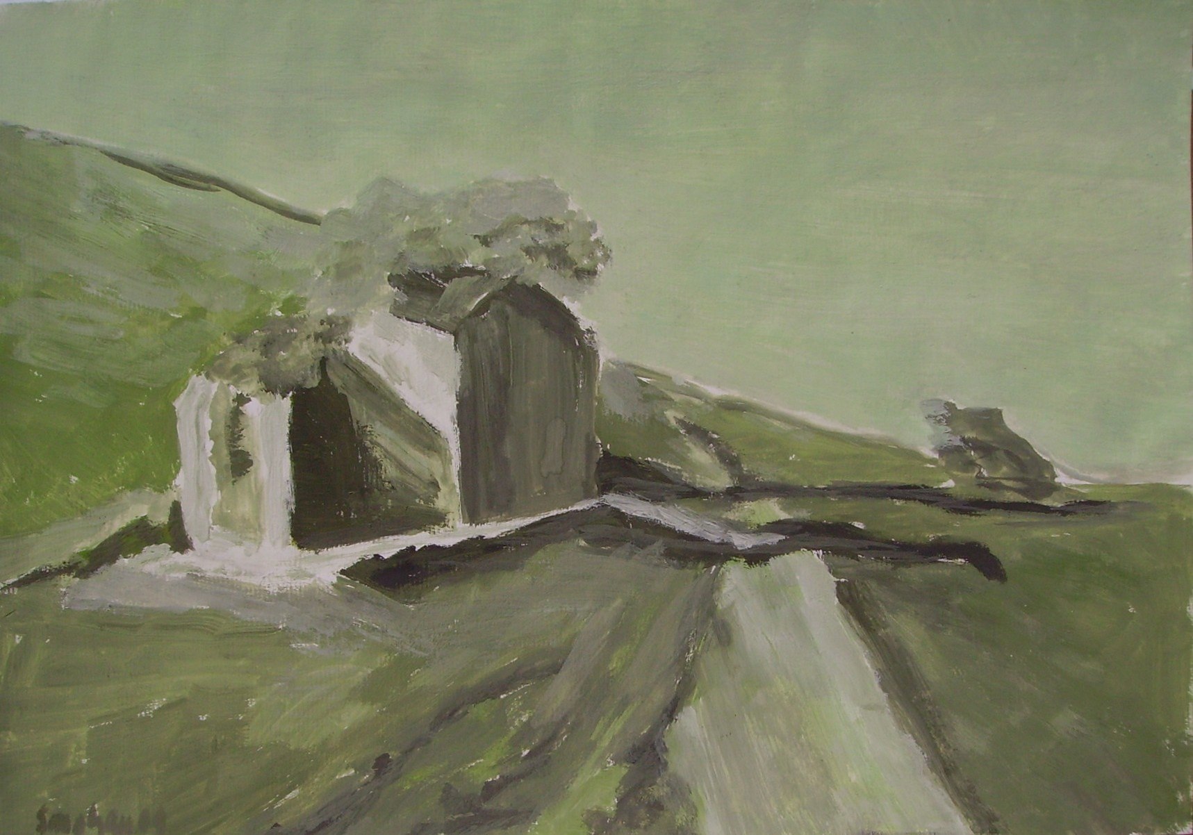 Painting of a ruined stone structure on a green hillside beneath a pale sky.