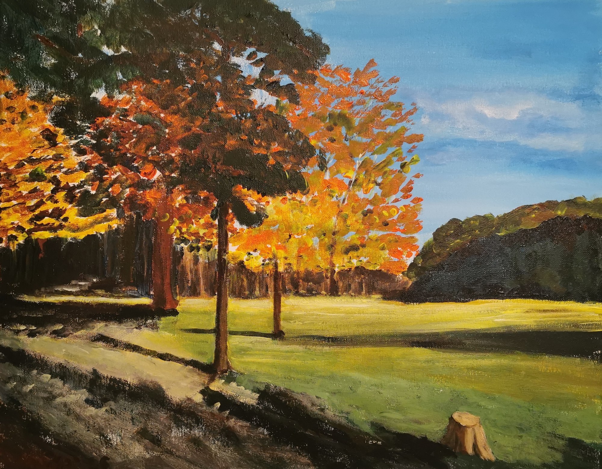 Painting of orange autumn trees casting long shadows across an open green park.