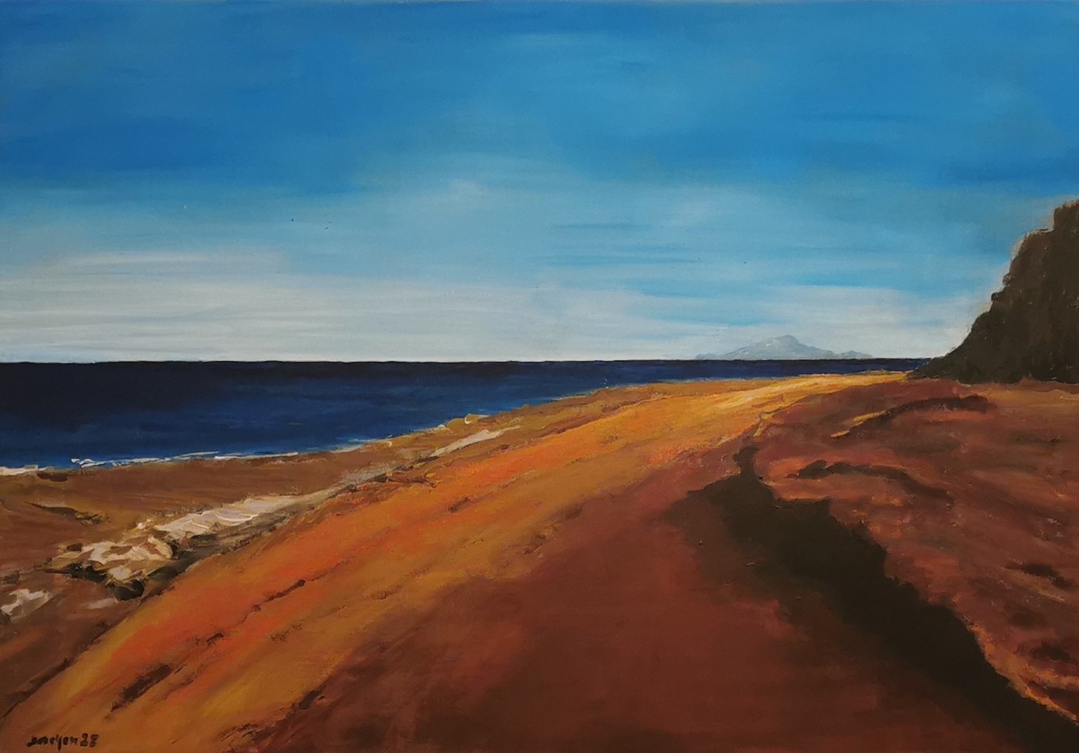 Painting of rust-coloured earth sloping toward a deep blue sea beneath a clear sky.