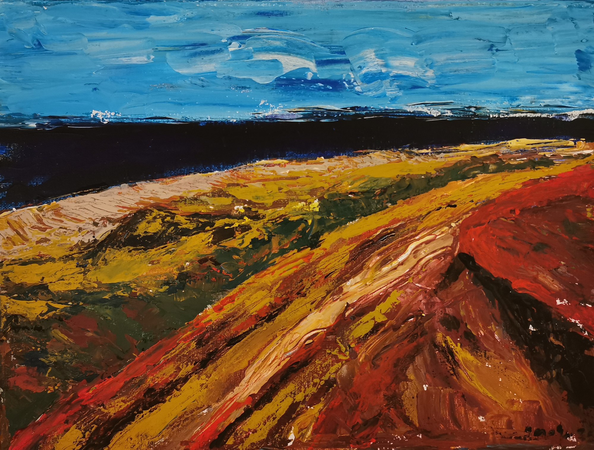 Painting of vivid red and golden land stretching toward a dark coast and blue sea.