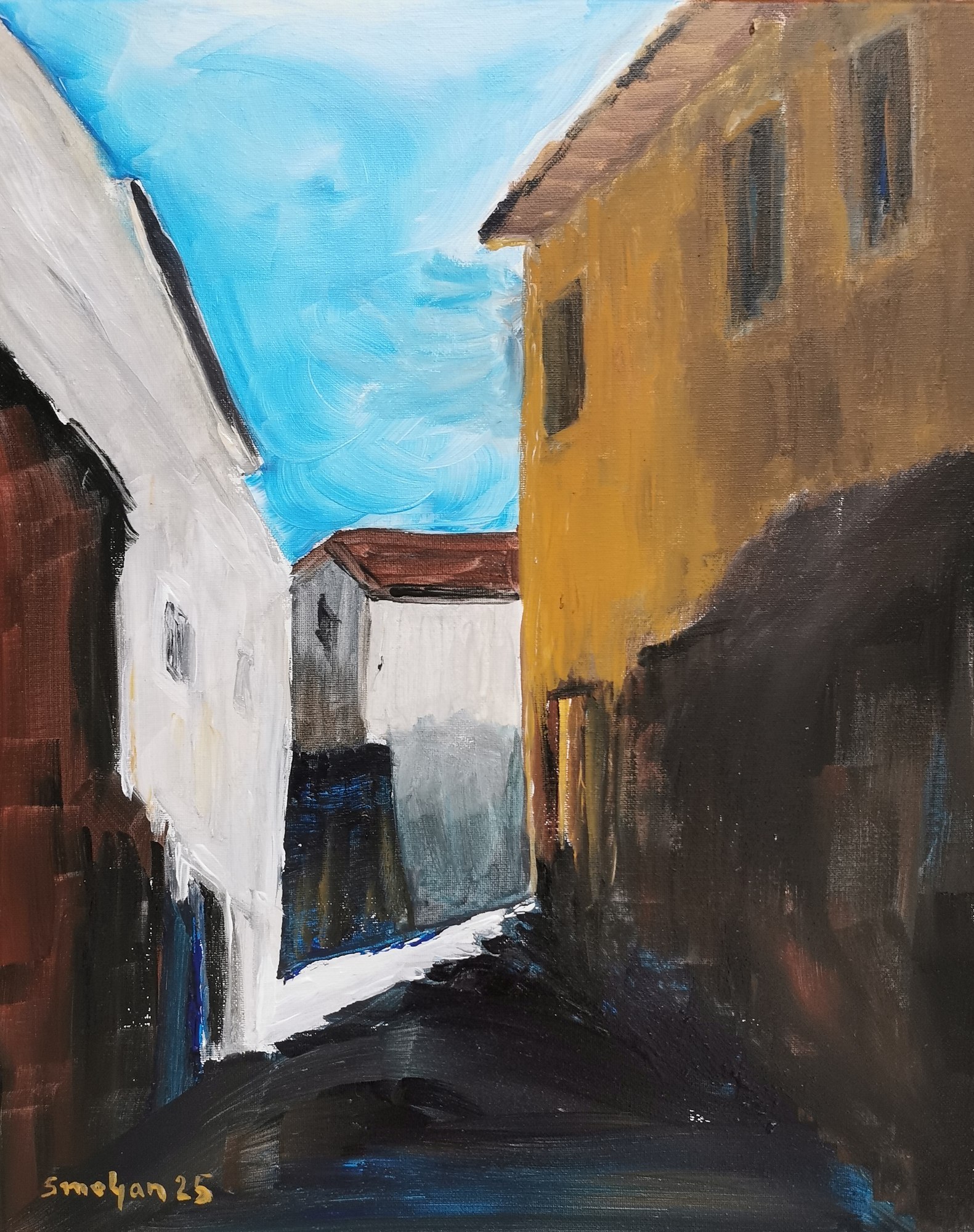 Painting of a narrow shadowed lane between white and ochre village buildings.