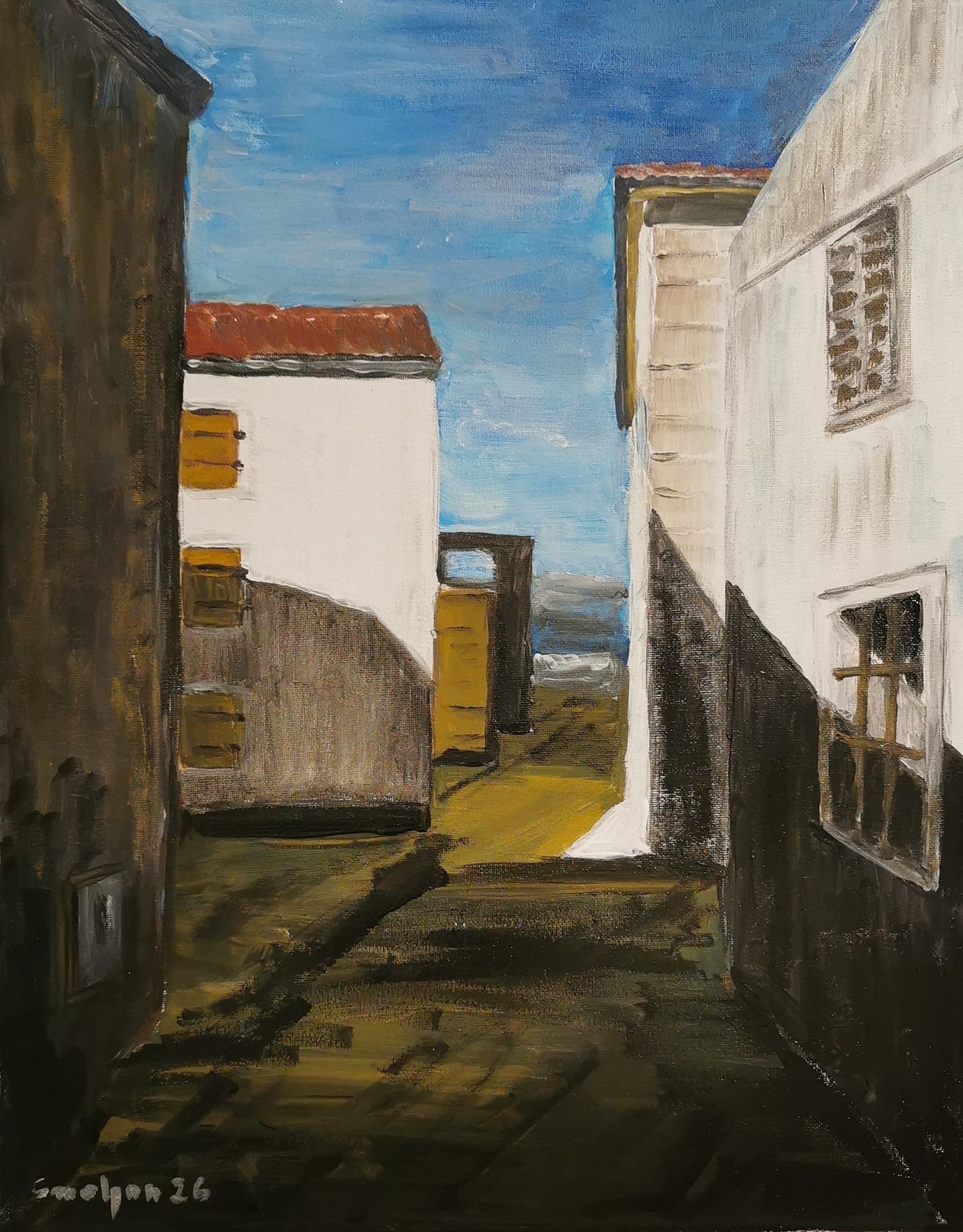 Painting of a shadowed village lane between pale houses opening onto sunlight.