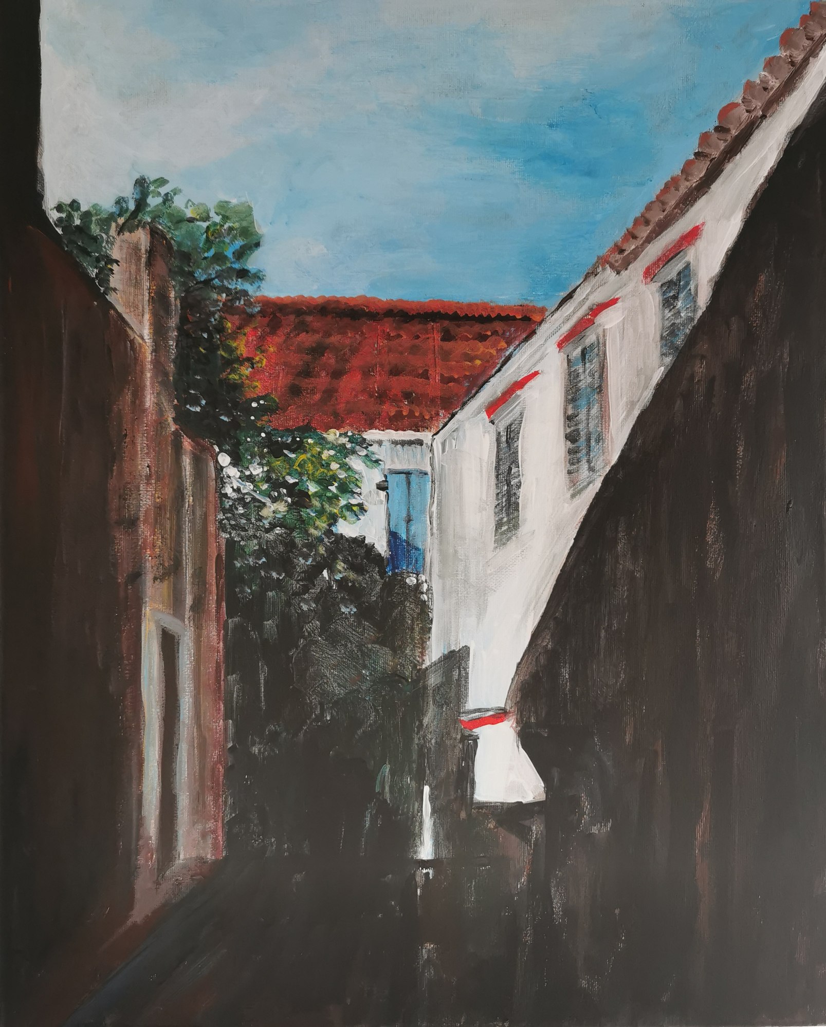 Painting of a narrow village passage between white and dark walls beneath a blue sky.