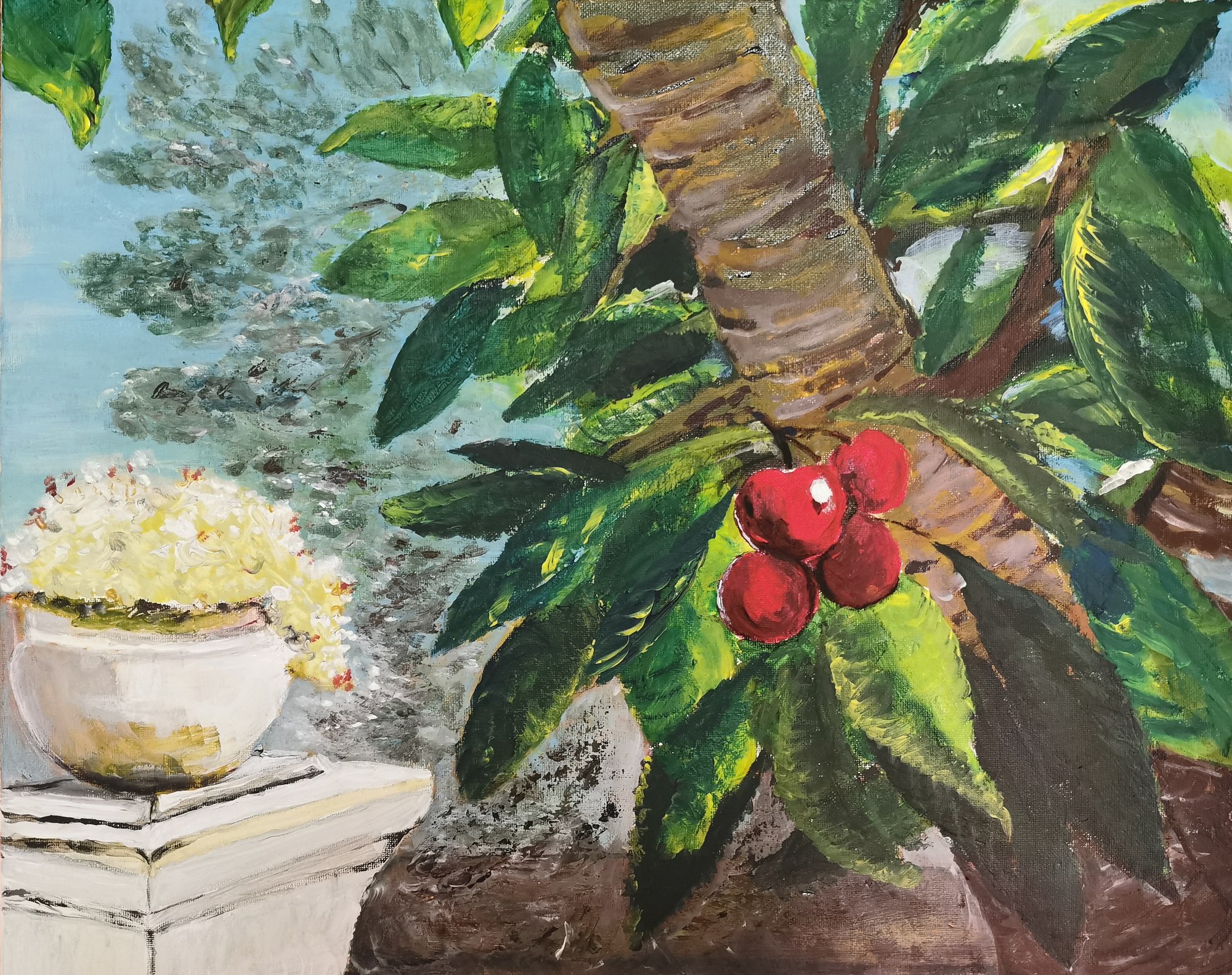 Painting of red cherries among glossy leaves beside a pale dish and tree trunk.