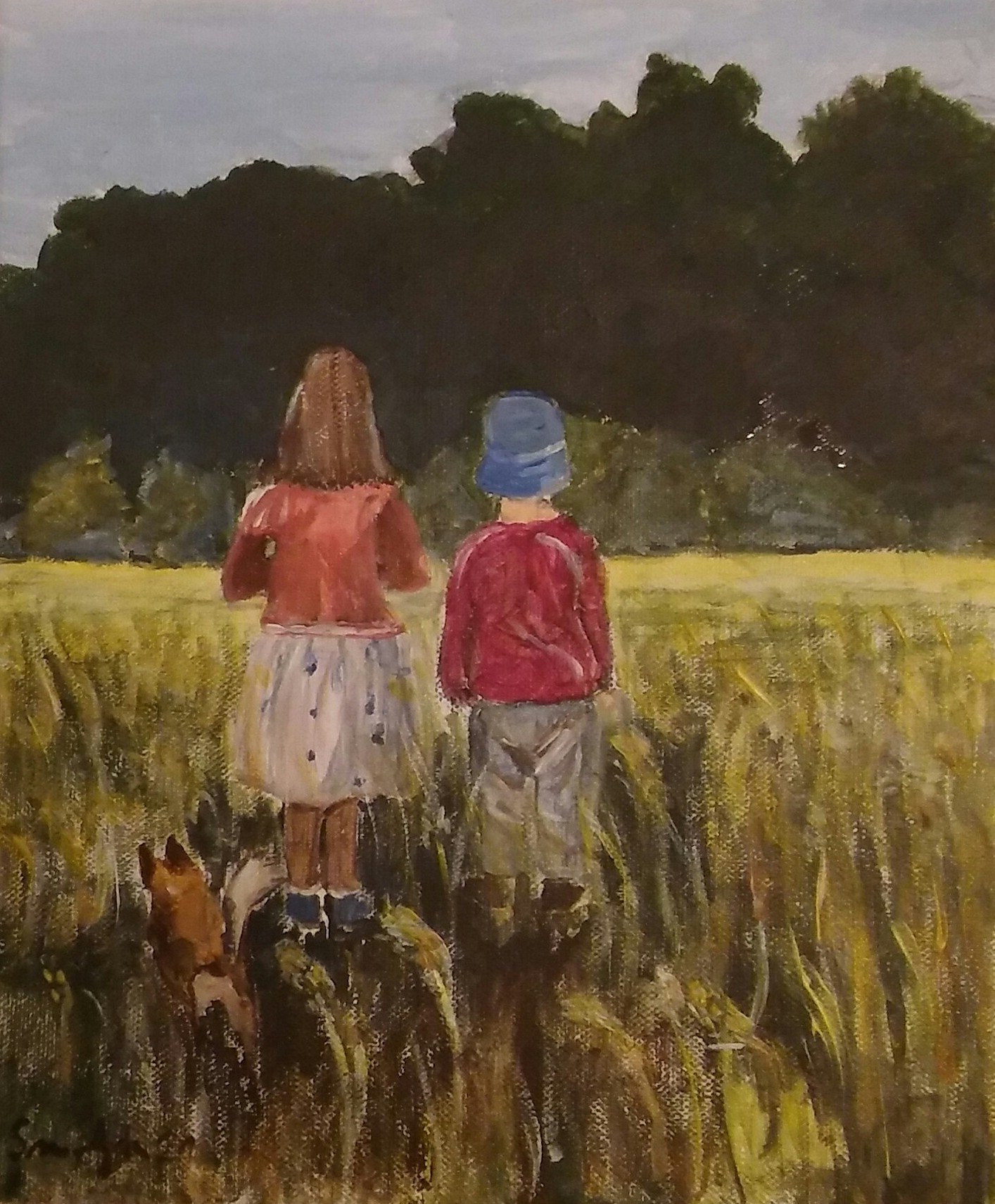 Painting of two figures walking through tall golden grass toward a dark line of trees.