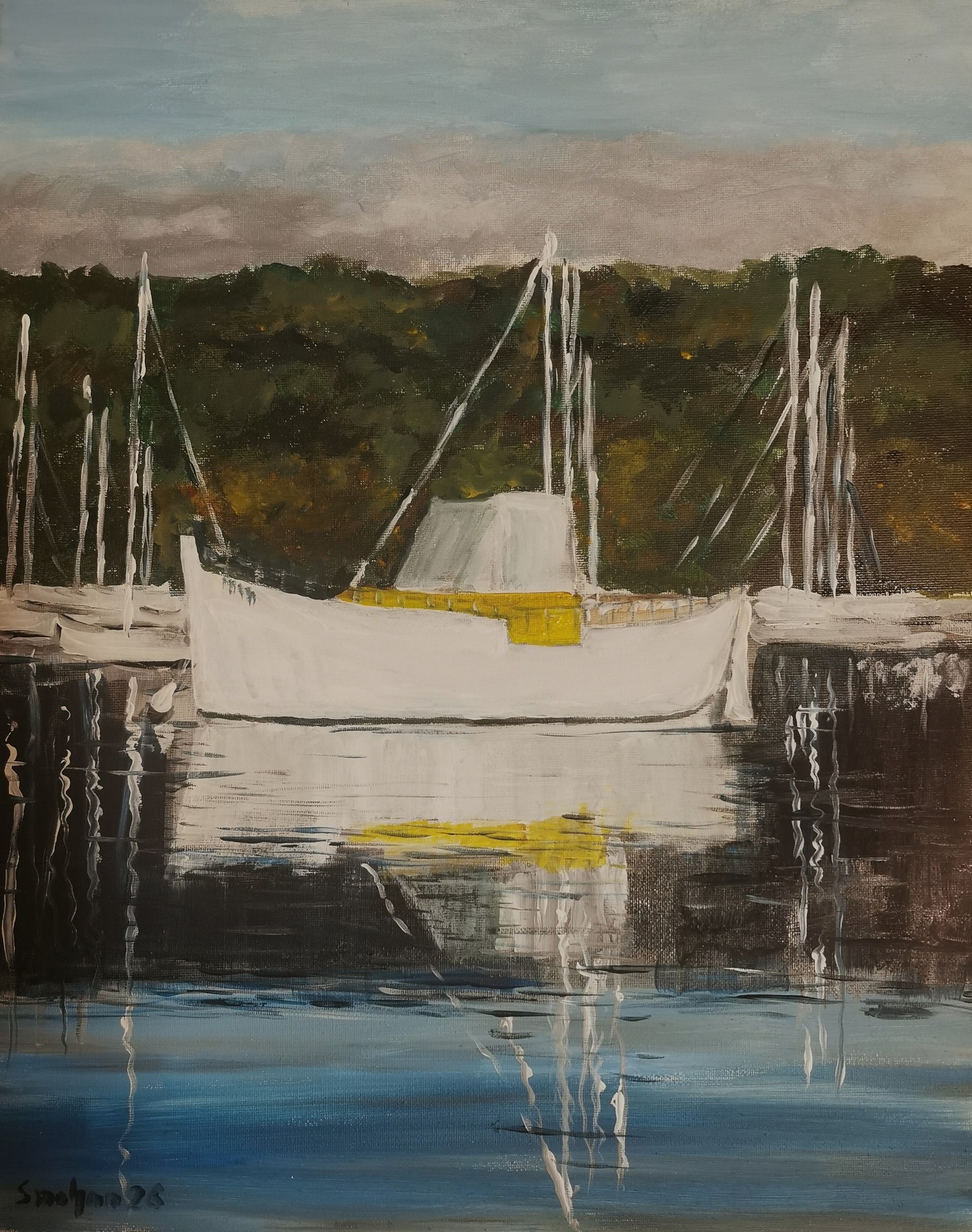 Painting of a white sailboat moored in calm water beneath tall masts and a dark hillside.