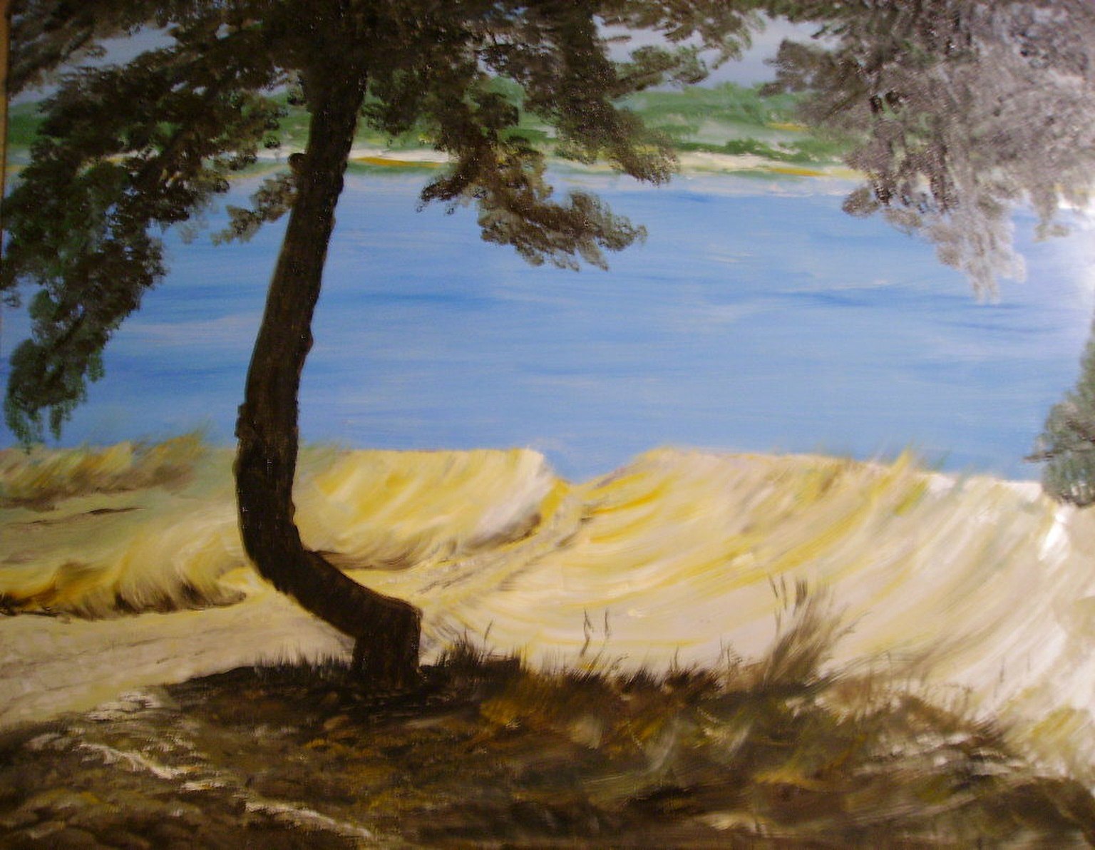 Painting of a dark pine overlooking a pale rocky beach and blue-green water.