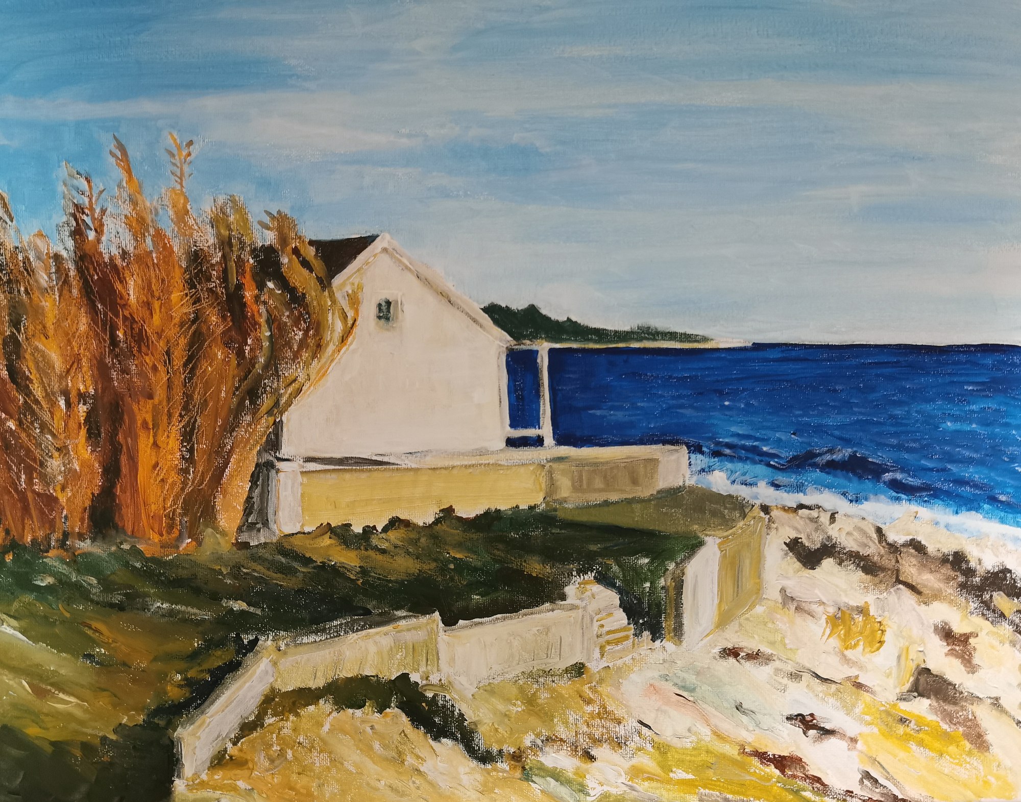 Painting of a white coastal house, ochre reeds, and a rocky shore beside blue water.