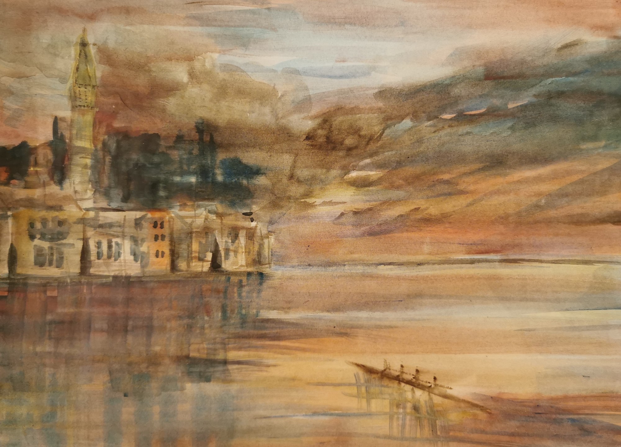 Painting of rowers and long narrow boats crossing reflective water in warm muted light.
