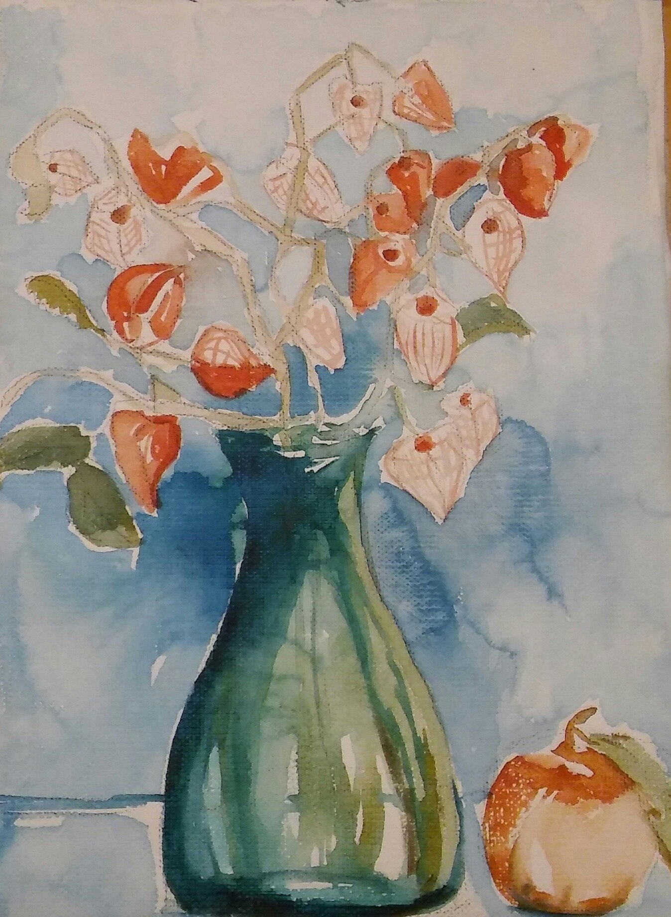 Painting of orange and blue flowers in a translucent green vase with a small fruit.