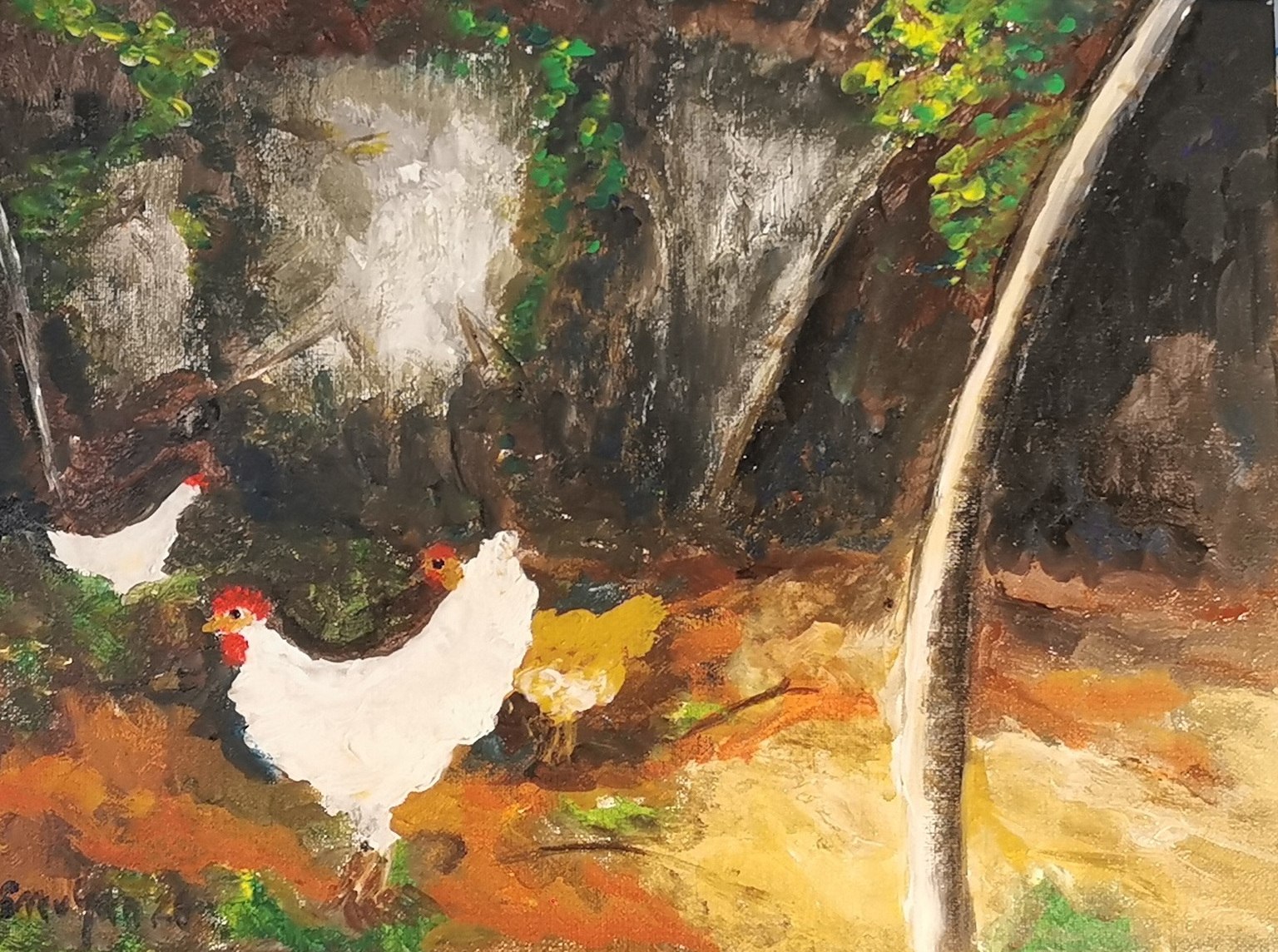 Painting of white and ochre chickens beneath trees in a warm woodland clearing.